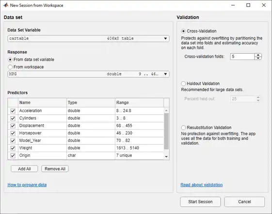 New Session from Workspace dialog box