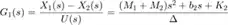 $$
G_1(s) = \frac{X_1(s)-X_2(s)}{U(s)}=\frac{(M_1+M_2)s^2+b_2s+K_2}{\Delta}
$$