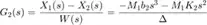 $$
G_2(s) = \frac{X_1(s)-X_2(s)}{W(s)}=\frac{-M_1b_2s^3-M_1K_2s^2}{\Delta}
$$