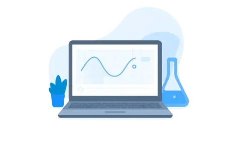 Laptop showing MATLAB graph, flask, and plant