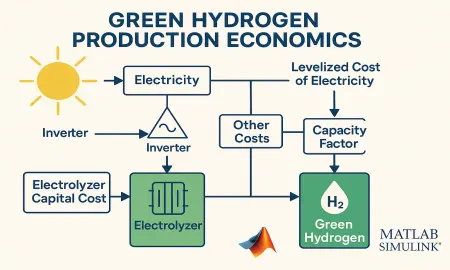 An infographic-style illustration of green hydrogen production economics in MATLAB Simulink.