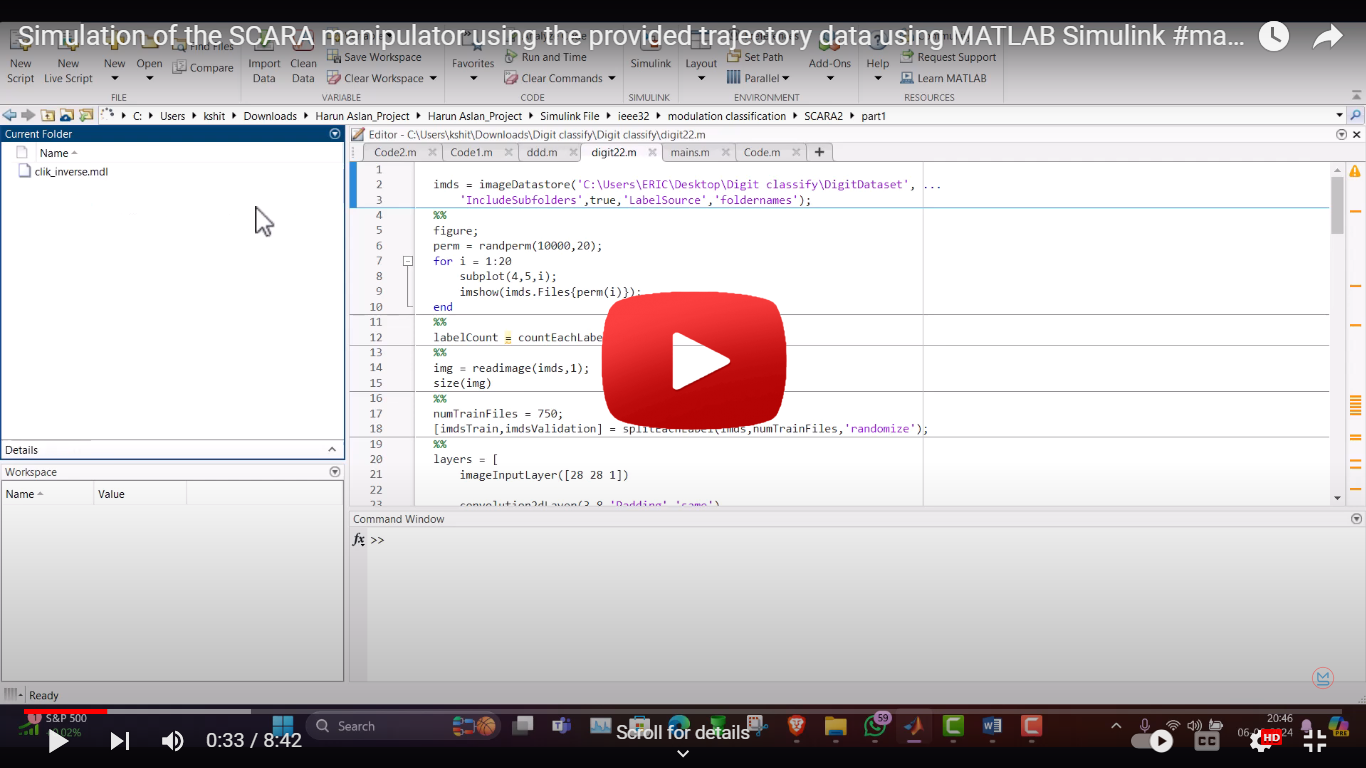 Simulation of the SCARA manipulator using the provided trajectory data using MATLAB